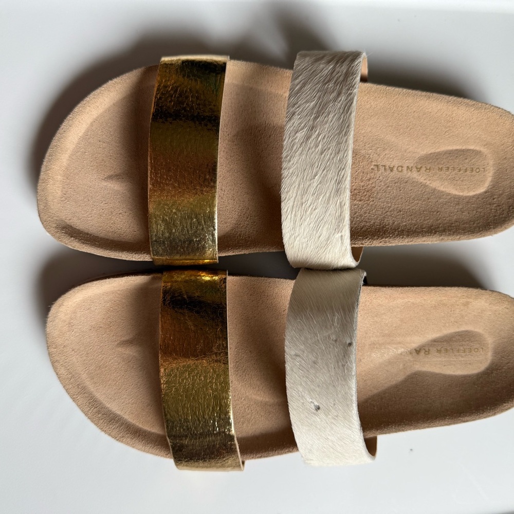 Loeffler Randall Gold and Cream Slide Sandals